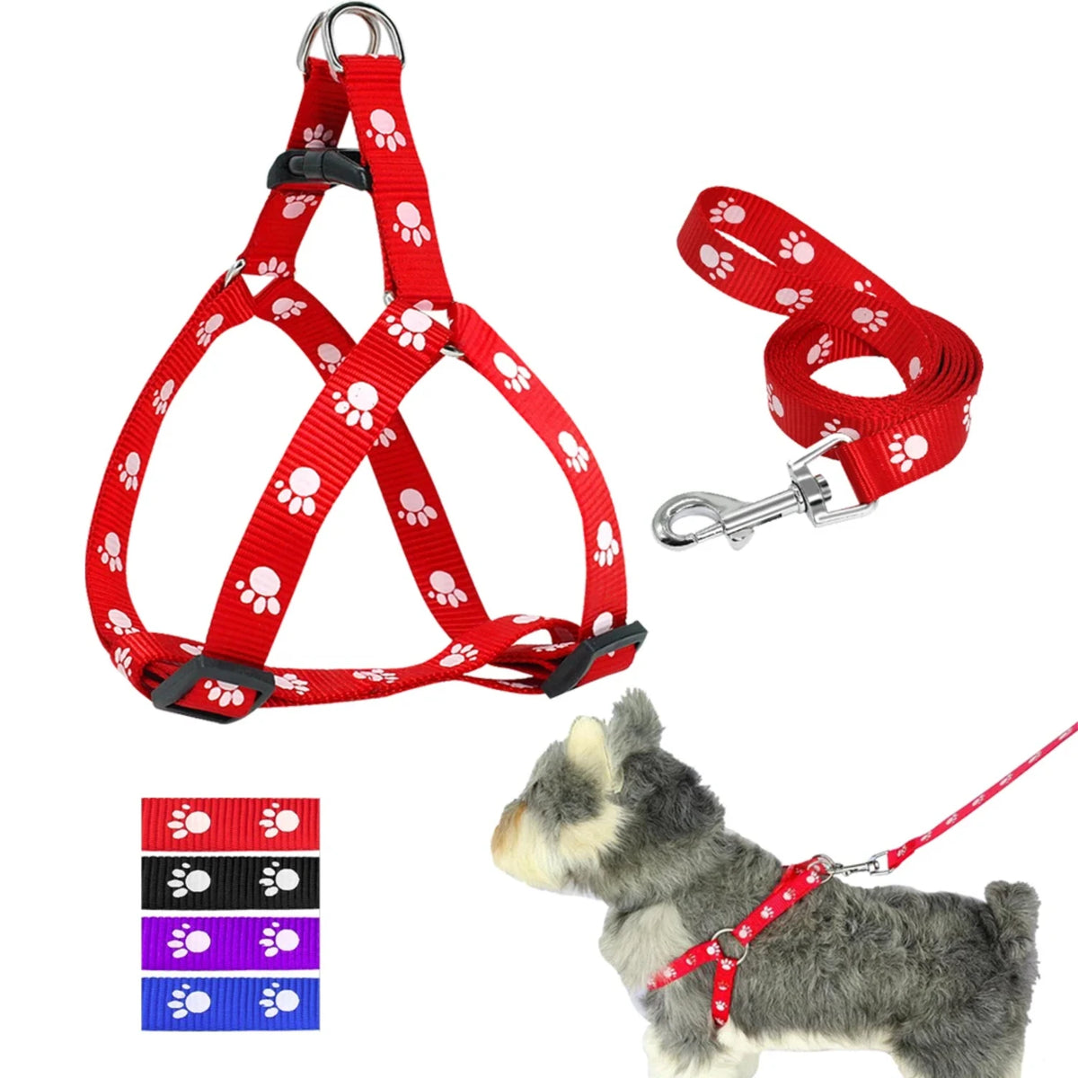 Nylon Dog Harness and Leash Set Adjustable Paw Print Dog Harness Walking Leash Strap  Small Medium Dogs S/M/L