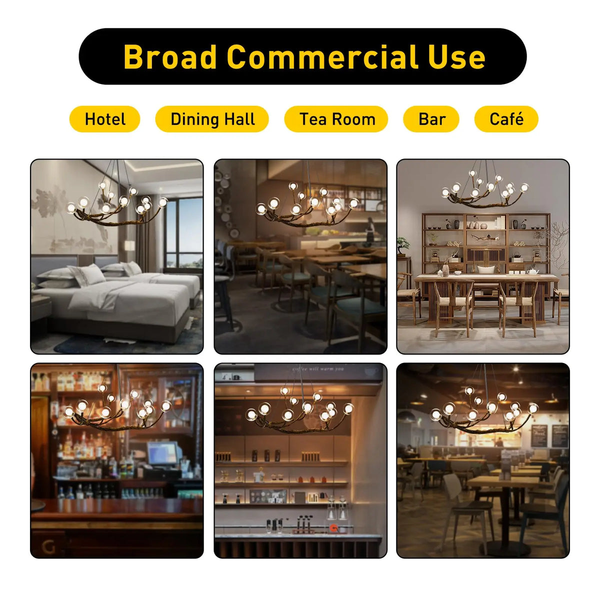 Retro Glass Globe Chandelier, 12-Light Modern LED Wood Branch Tree Hanging Lamp, Glass Bubble Pendant Ceiling Light 36W 110V