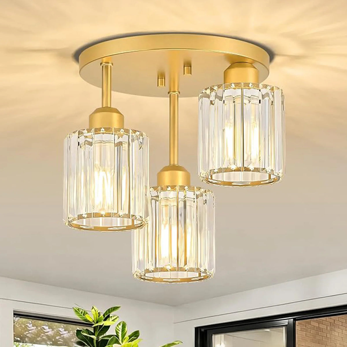 Contemporary Semi-Flush Ceiling Light, Three-Bulb Pendant Fixture with E26 Base, Crystal Chandelier Suitable for Bedrooms, Living Rooms