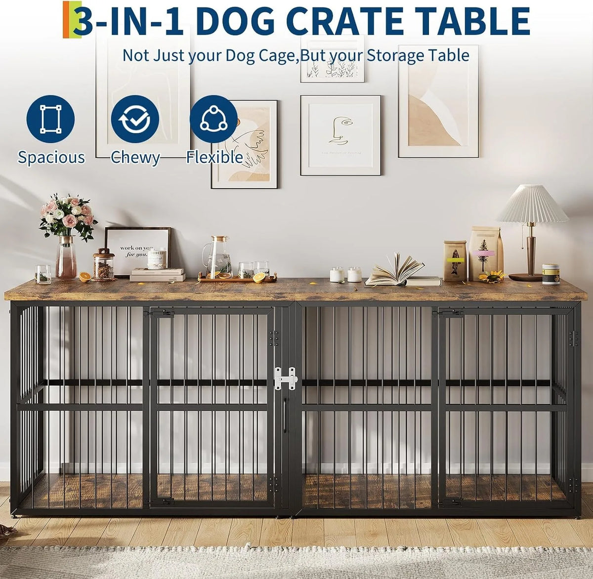 Double Dog Crate Furniture With Divider And Storage Cabinet