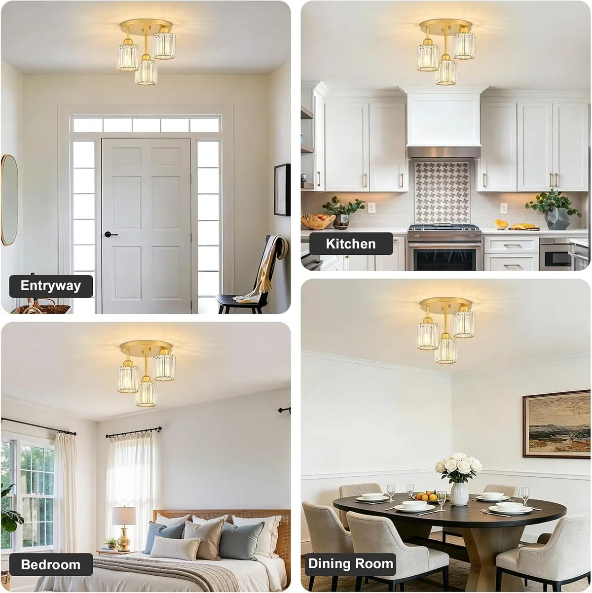 Contemporary Semi-Flush Ceiling Light, Three-Bulb Pendant Fixture with E26 Base, Crystal Chandelier Suitable for Bedrooms, Living Rooms
