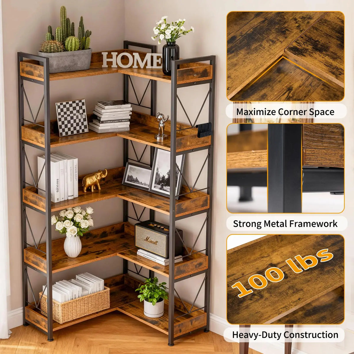 JHK L Shaped Bookshelf With Five Tiers And Metal Frame