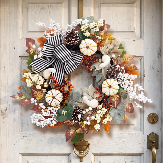 Garvee 20inch Christmas Garland Rattan Wreath Artificial Pumpkin Autumn Hanging Decoration for Xmas Tree, Home Party Door Fireplace Stair Indoor Outdoor Porch Thanksgiving Decor
