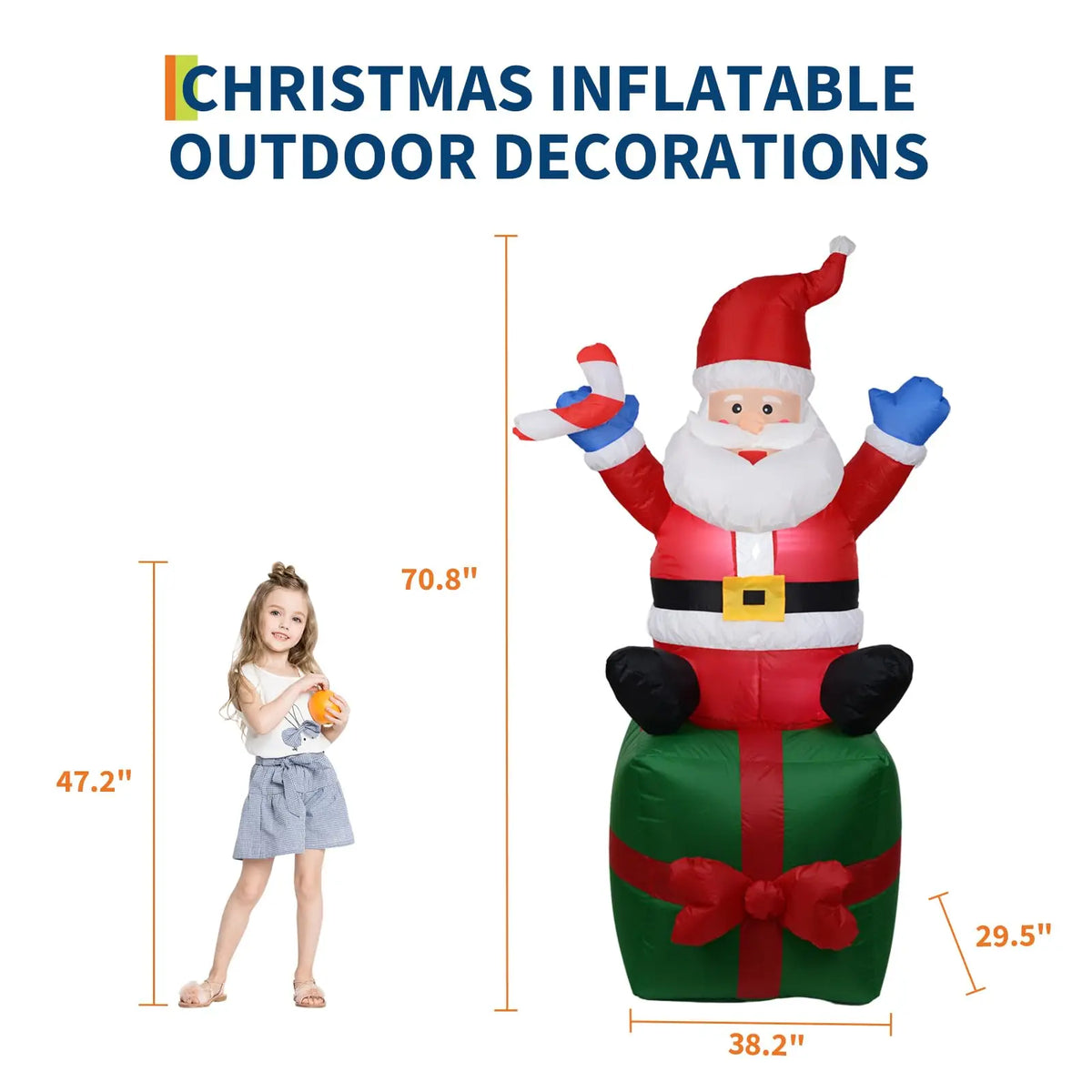 6ft Inflatable Santa Claus on Gift Box Outdoor Christmas Yard Decoration Height 180cm Blow Up Holiday Party Winter Festival Garden Home Display Festive Decor Ornament Supplies Equipment