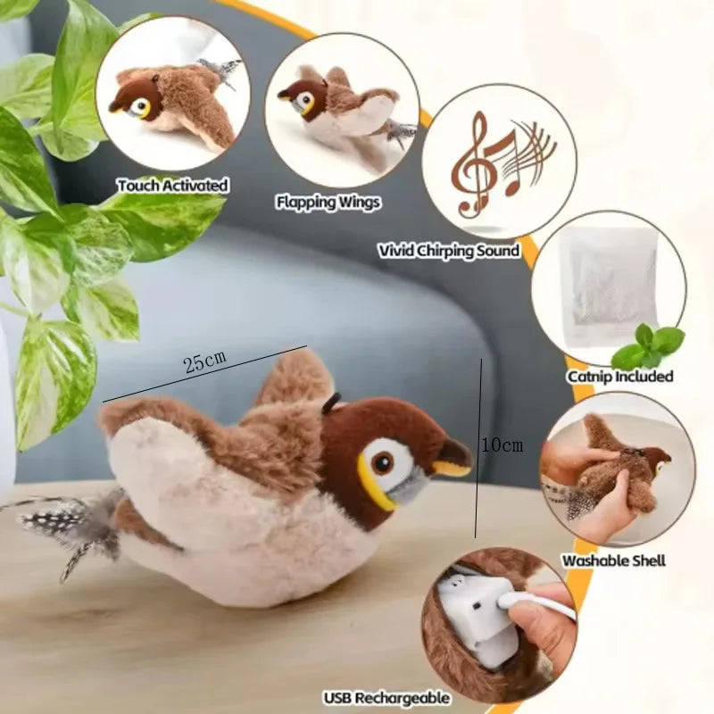 Interactive Chirping Flapping Plush Bird Cat Toy With Touch Activation