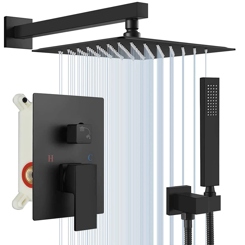 Quyanre Matte Black Shower Faucets Set Rain Waterfall Concealed Shower System Wall Mount Bathtub Shower Mixer Shower Combo Set