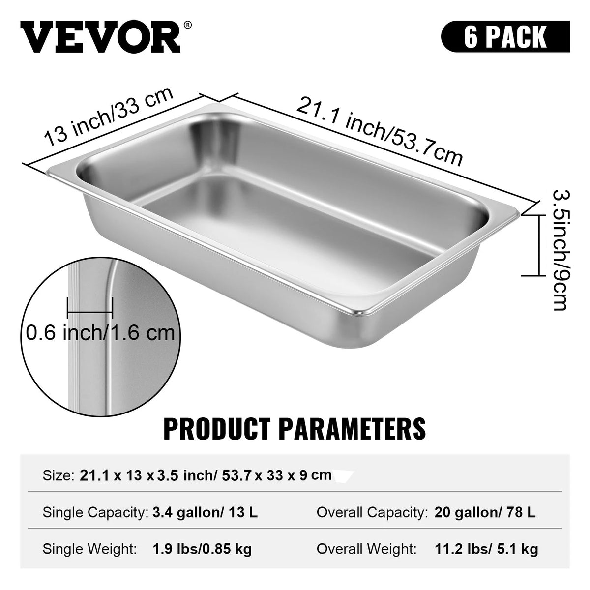 SucceBuyBuffet Chafing Dishes 8.5L-20L Gastronorm Pans Steam Table Pans Tray Stainless Steel Food Container for Party BBQ Baking
