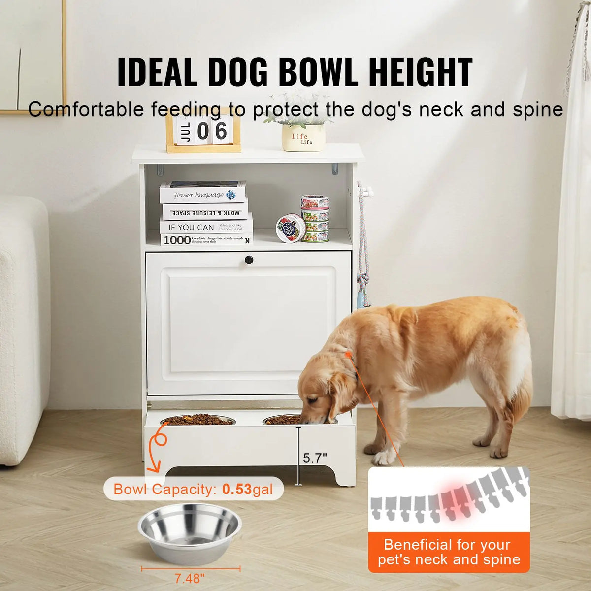 Elevated Pet Feeding Station With Stainless Steel Bowls And Storage