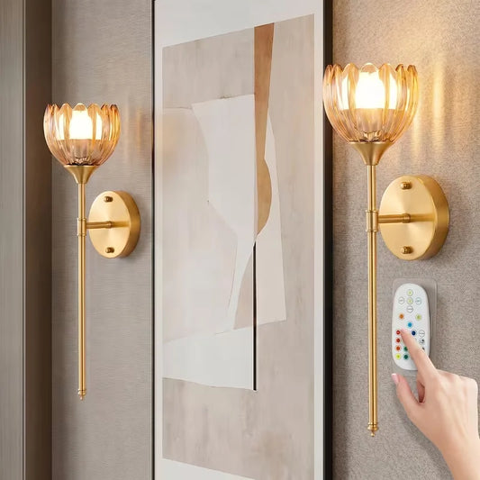 2-Pack Golden Flower Wall Sconces Amber Glass Bedside Wall Lamps Versatile Elegance Anywhere Modern Brass Wall Light Fixtures for Bedroom Hallway Living Room