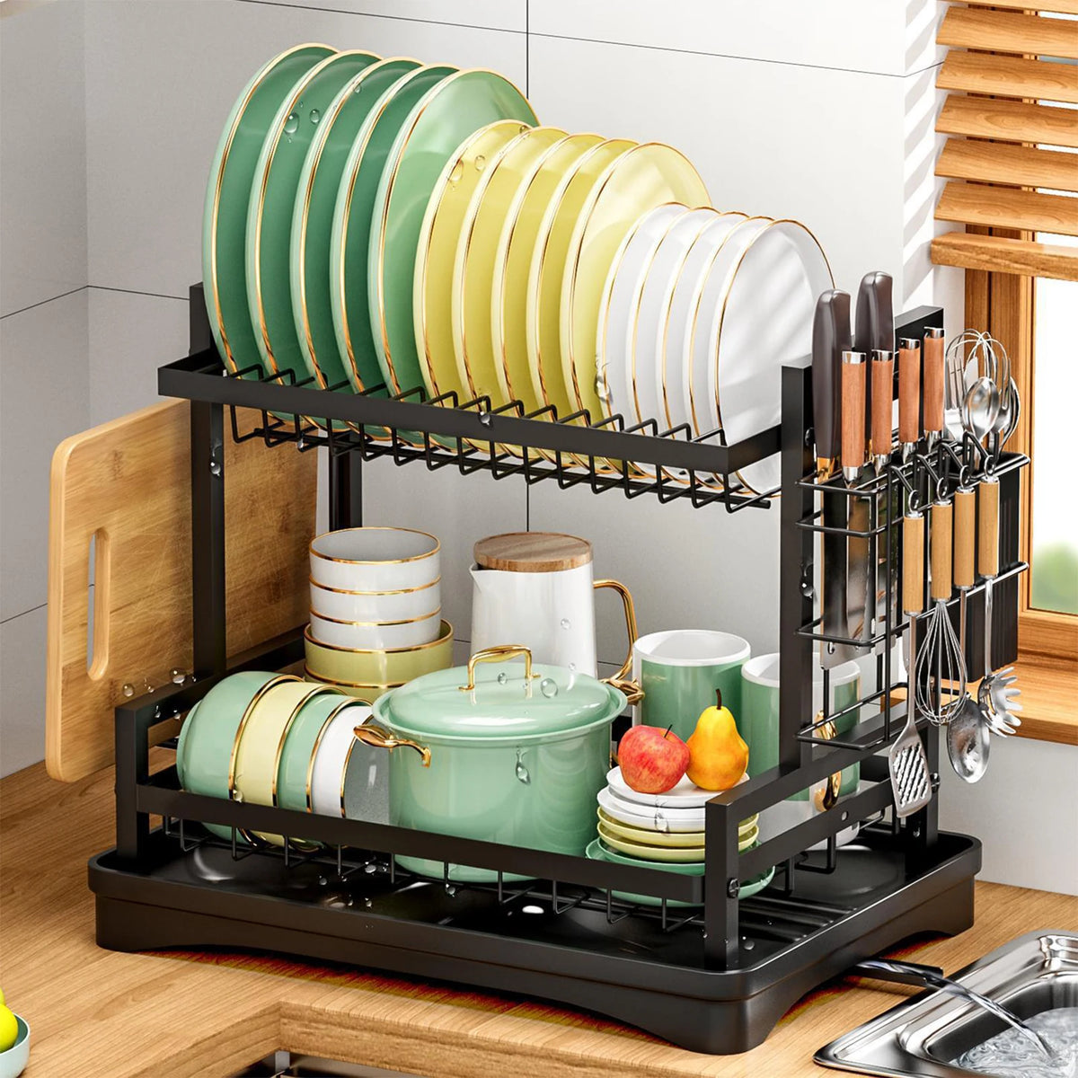 Rustproof 2 Tier Dish Drainer Rack Utensil Holder Drip Tray