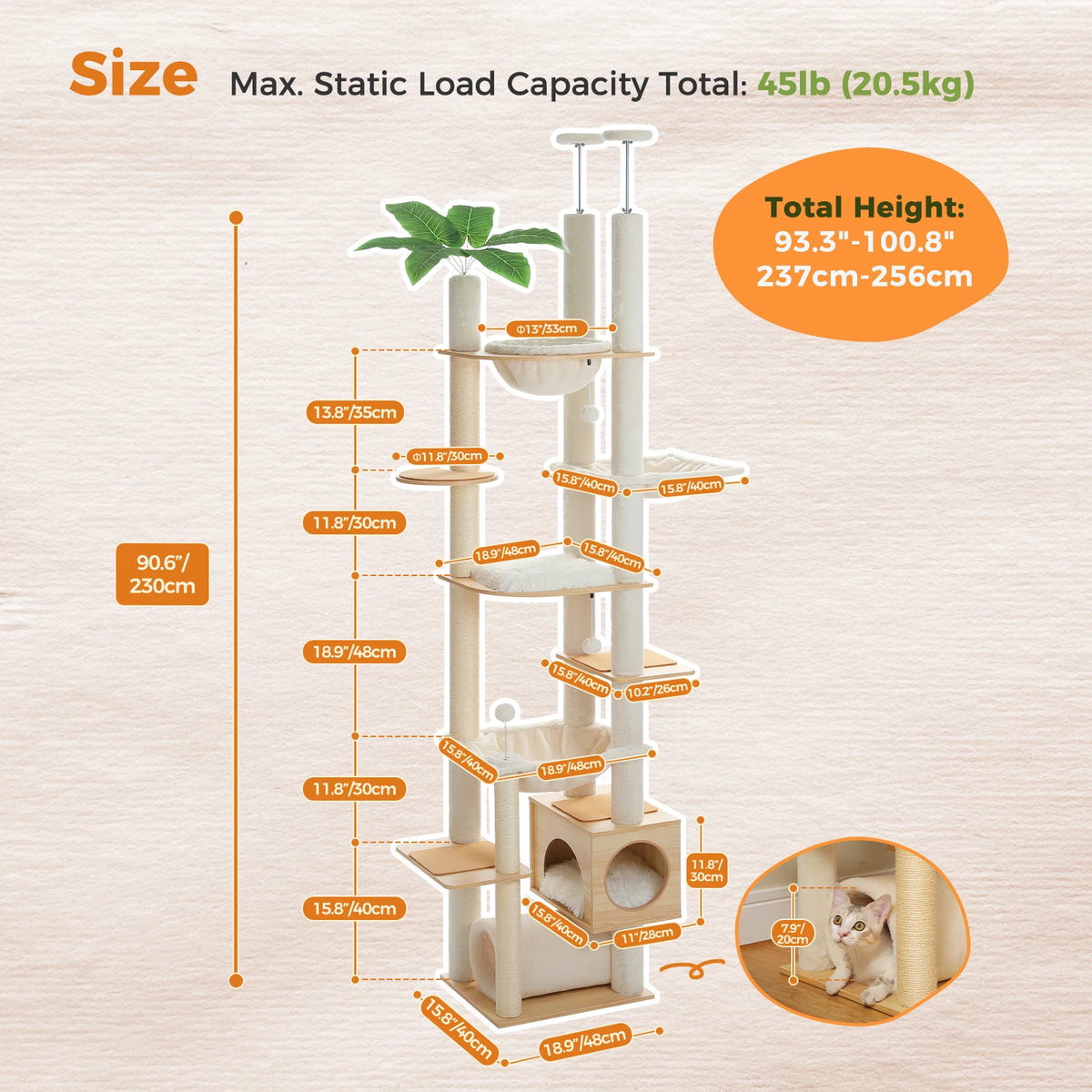 PAWZ Road Height Adjustable Wooden Cat Tower With Sisal Post