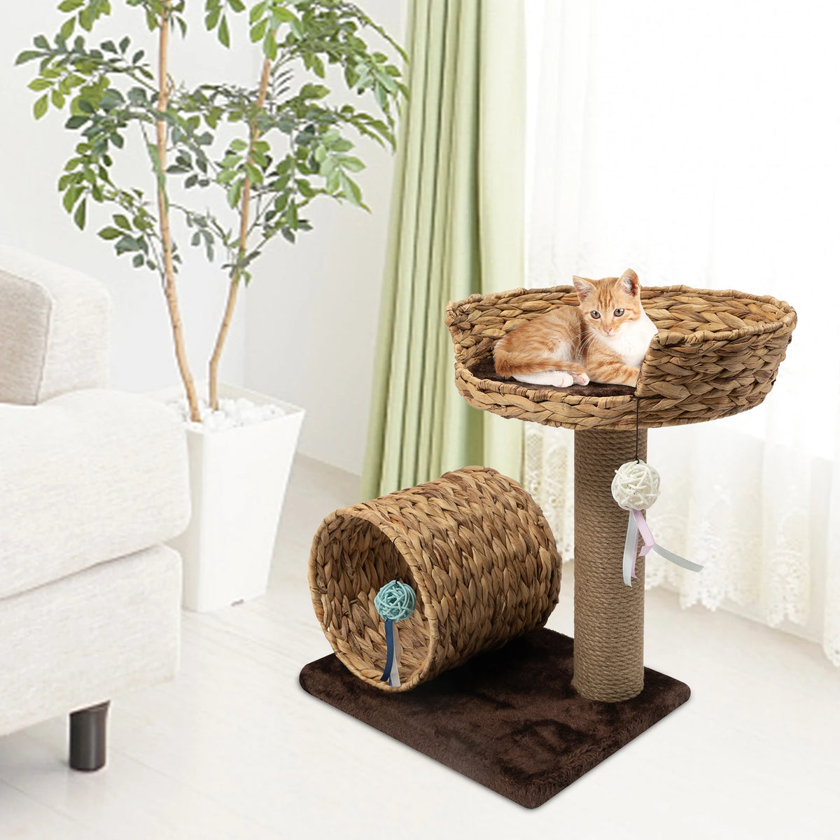 Hand Made Paper Rope Cat Tree 2-Level, Bow Shaped Cat Tree with 2 Toy Balls, 36.46lbs Capacity for Large Cats