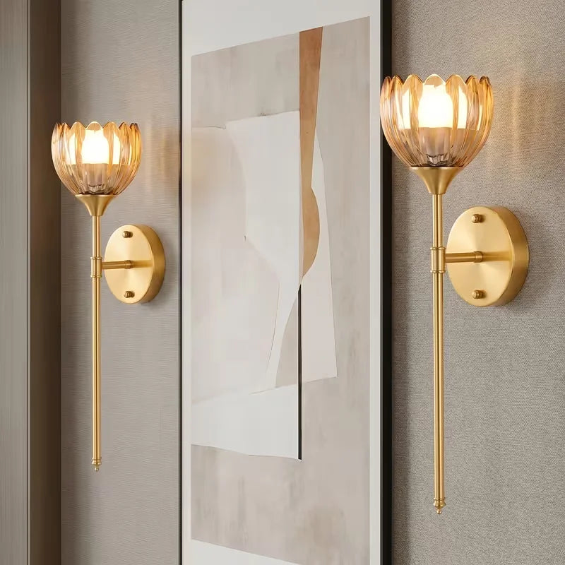 2-Pack Golden Flower Wall Sconces Amber Glass Bedside Wall Lamps Versatile Elegance Anywhere Modern Brass Wall Light Fixtures for Bedroom Hallway Living Room