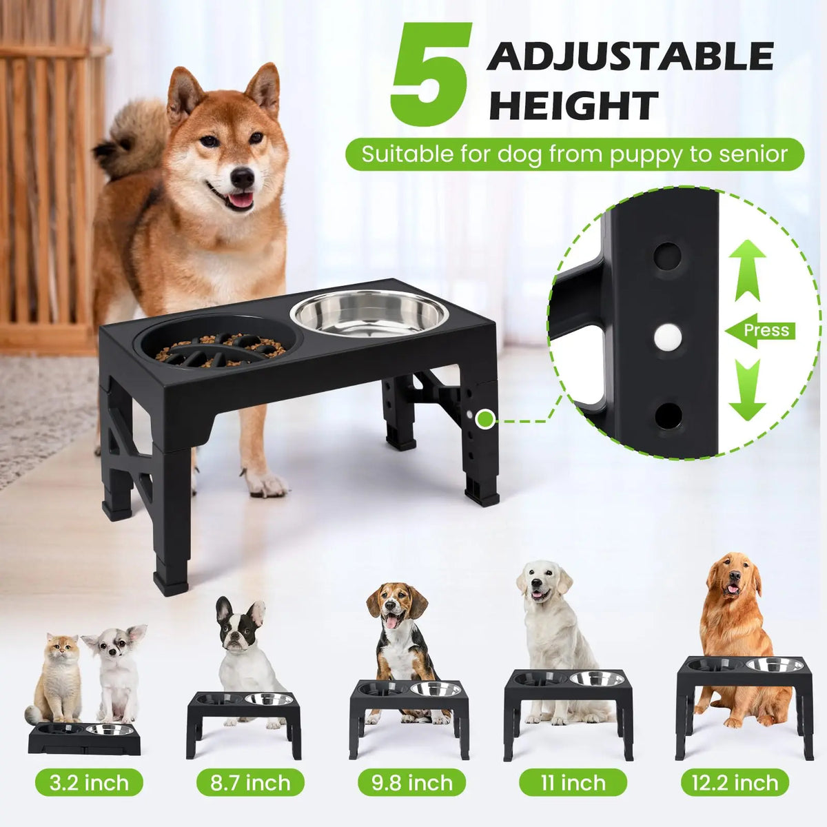 Adjustable Elevated Dog Feeder With Double Stainless Steel Bowls