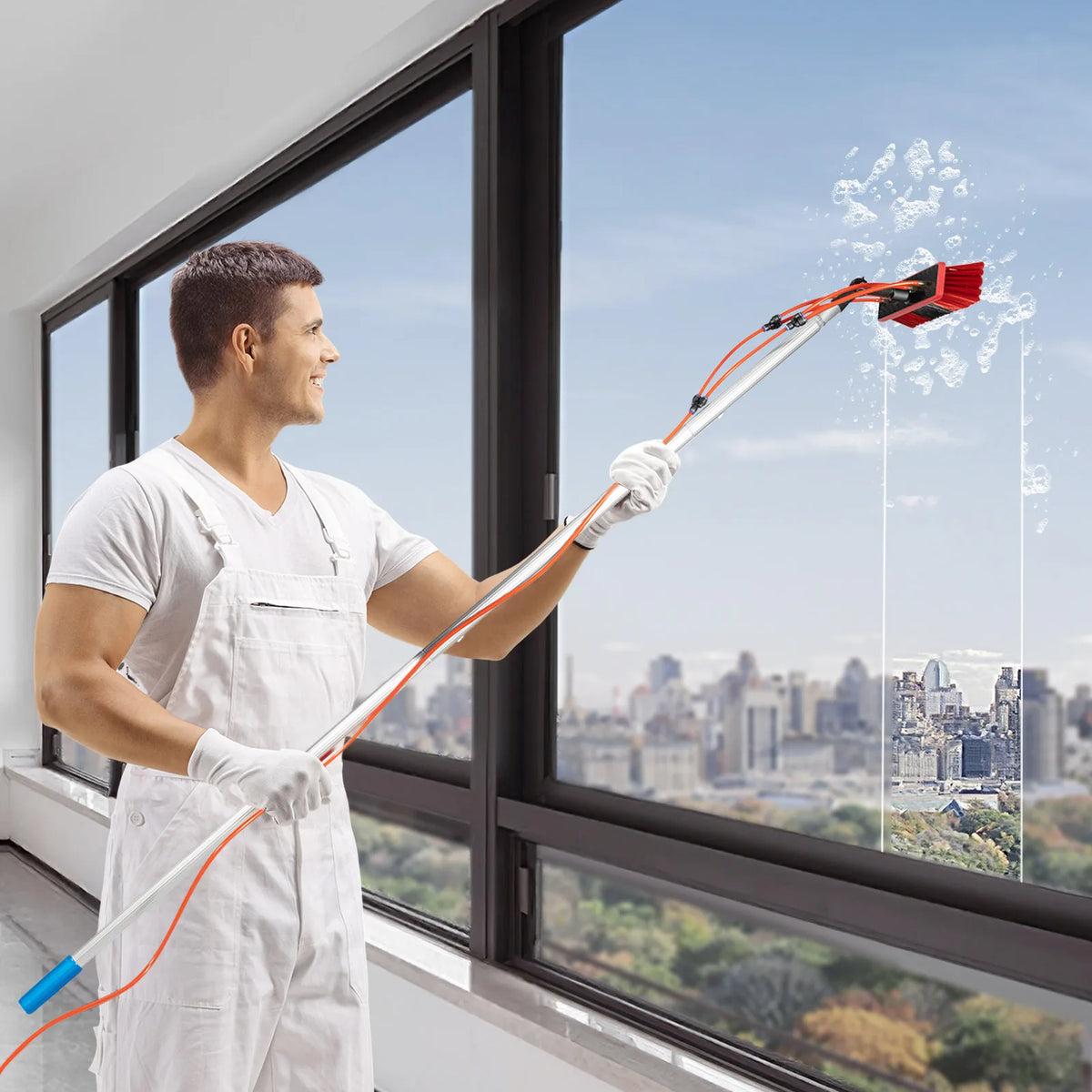 Adjustable Water Fed Window Cleaning Pole With Brush And Squeegee