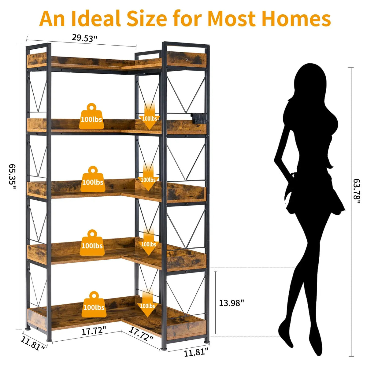 JHK L Shaped Bookshelf With Five Tiers And Metal Frame