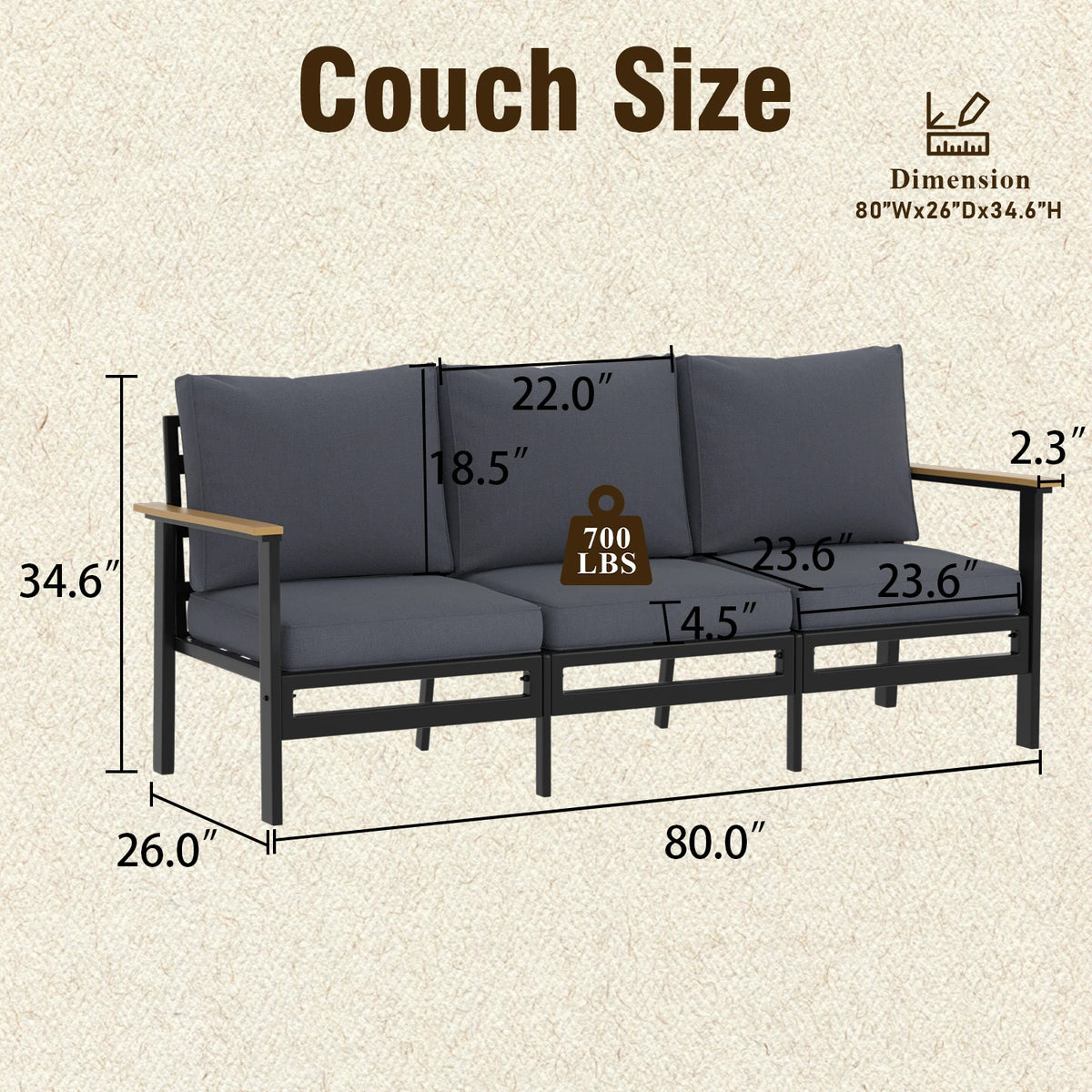 Avenvista Modern Metal Outdoor Patio Sofa With Durable Armrests