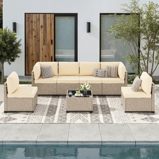 Soohow Outdoor Rattan Sectional Sofa Set With Tempered Glass Table