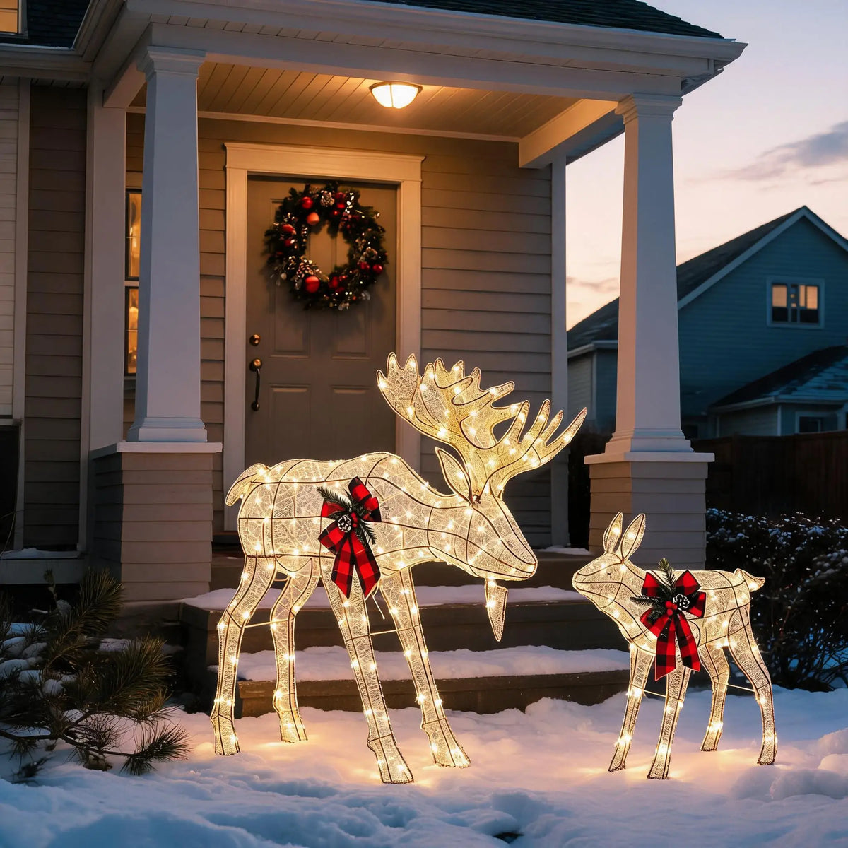 2 Piece Lighted Christmas Reindeer Family Outdoor Yard Decoration with 240 LED Lights Gold Glowing Reindeer Lawn Ornament Holiday Party Garden Yard Decor Winter Festival Outdoor Display