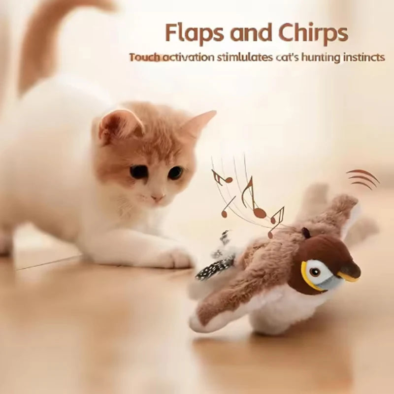 Interactive Chirping Flapping Plush Bird Cat Toy With Touch Activation