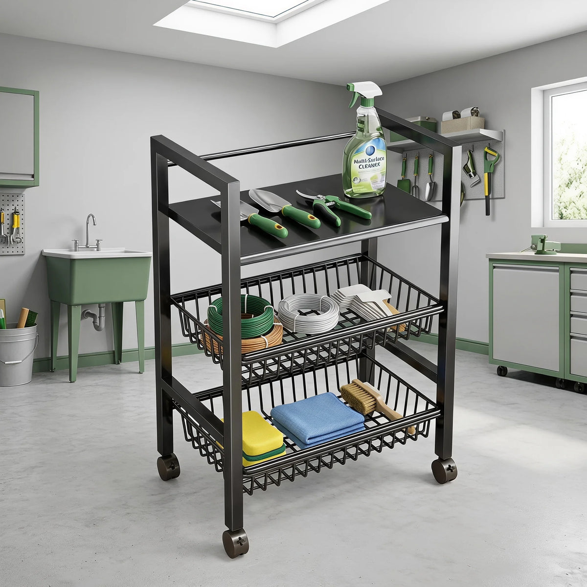 Three Tier Rolling Storage Cart With Pull Out Mesh Baskets
