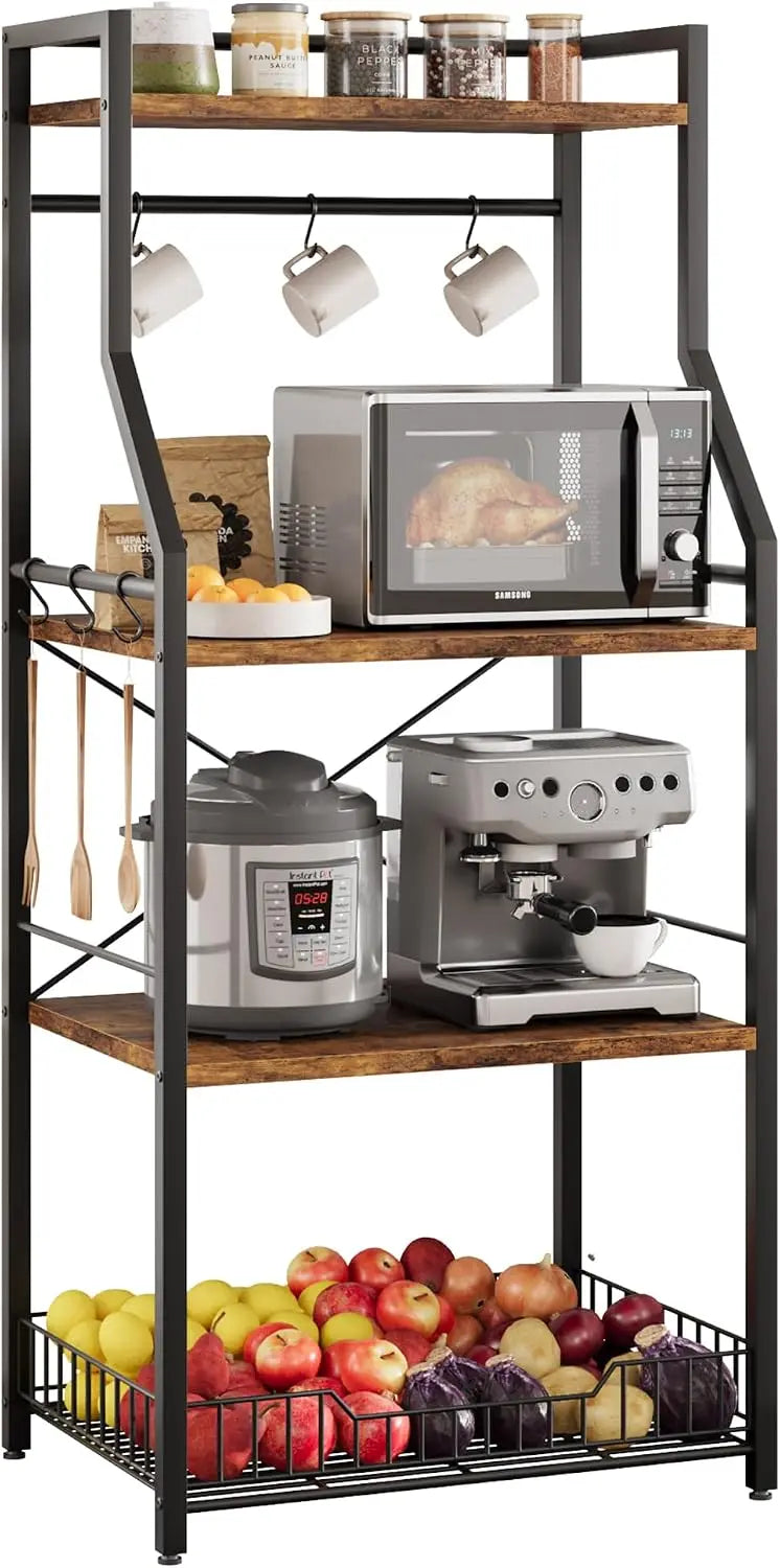 Garvee Four Tier Metal Storage Rack With Hooks For Kitchens
